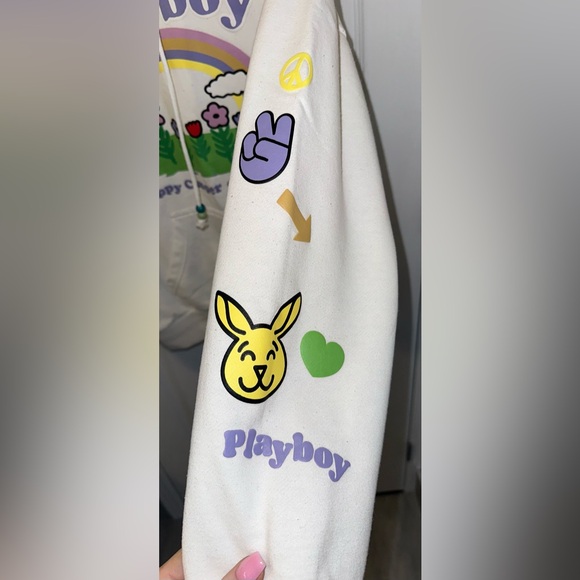 🤍FINAL SALE🤍 Playboy Happy Camper Beaded Rainbow Drop Shoulder Hoodie Size S - Picture 8 of 12
